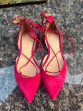 J Crew Magenta Pink Suede Pointy Toe Lace Up D'Orsay Ballet Flats 9